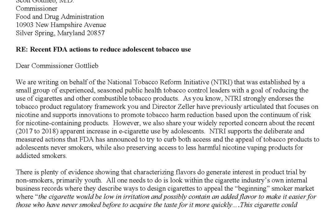 Letter to FDA Commissioner Scott Gottlieb, M.D. – Recent FDA actions to reduce adolescent tobacco use